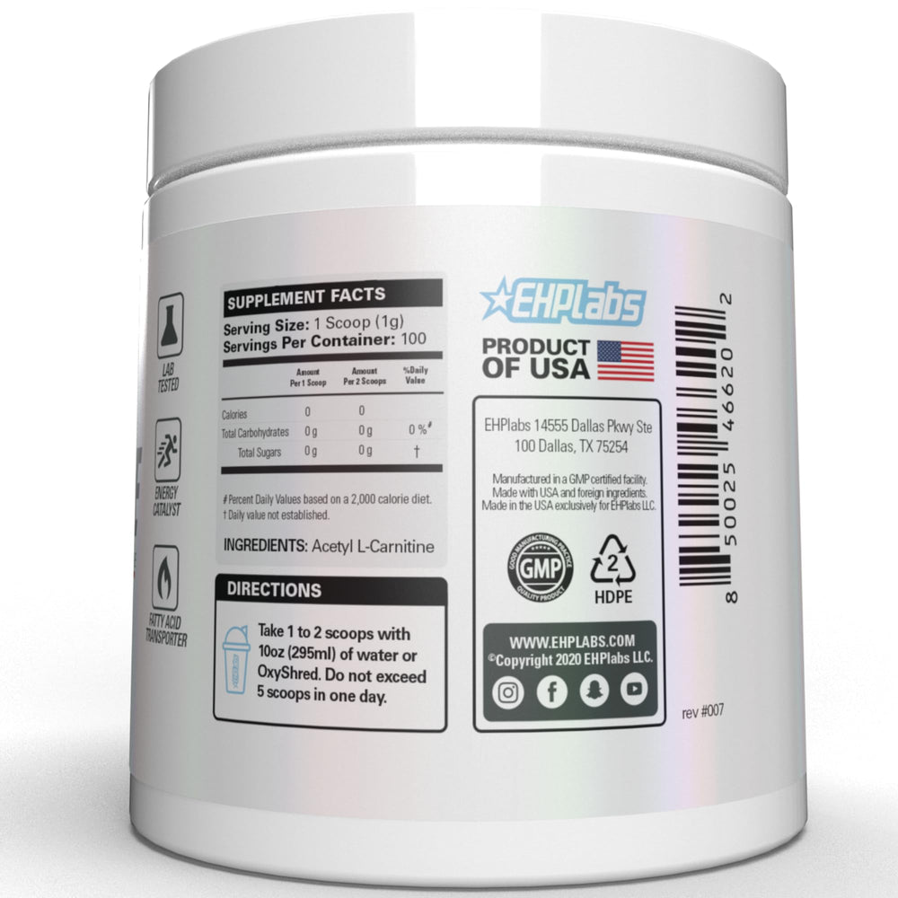 EHP Labs Acetyl L Carnitine powder near a cardio scene implying heart-friendly benefits
