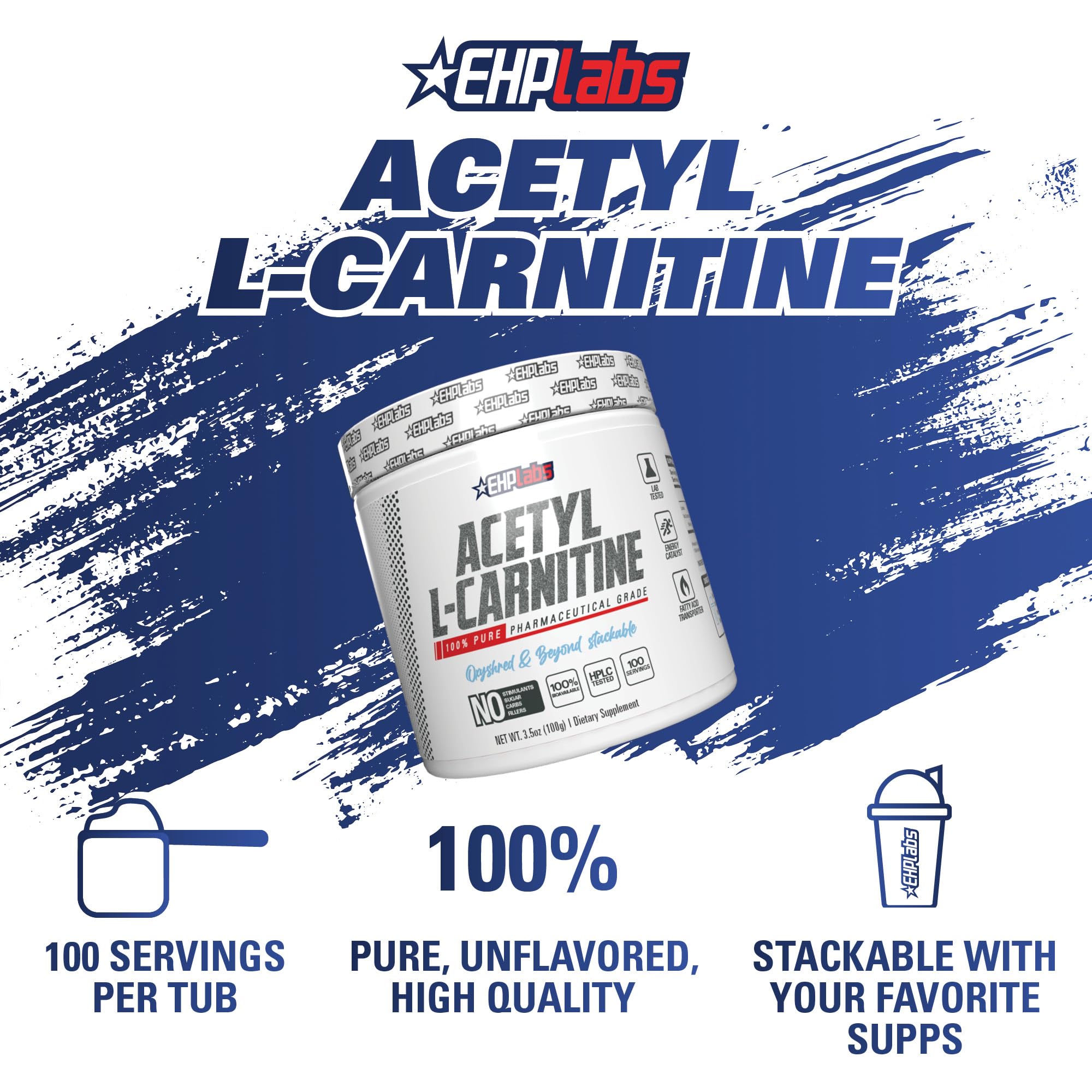 EHP Labs Acetyl L Carnitine powder label highlights vegan and gluten-free properties