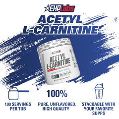 EHP Labs Acetyl L Carnitine powder label highlights vegan and gluten-free properties