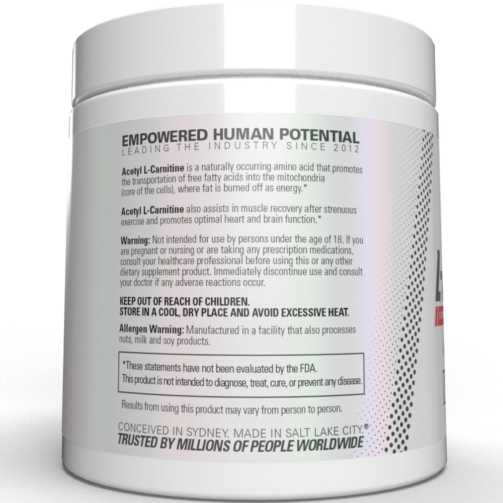 EHP Labs Acetyl L Carnitine powder packaging emphasizes vegan and non-GMO attributes