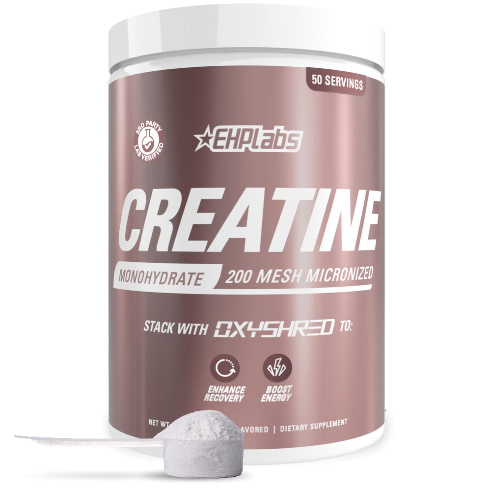 EHP Labs CREA-8 tub front with unflavored creatine powder for versatile mixing.