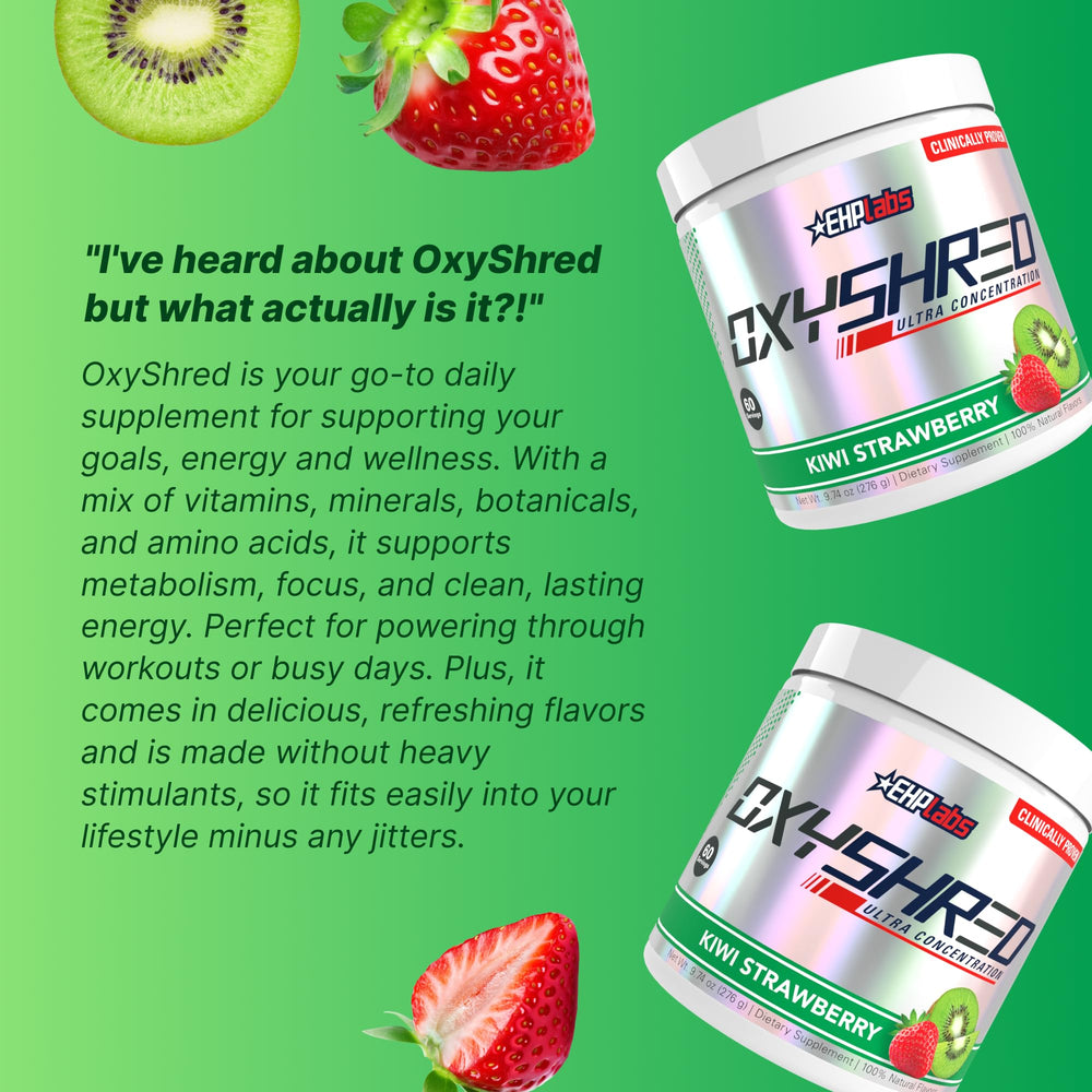 EHP Labs OxyShred pre-workout tub on a gym bench ready for training