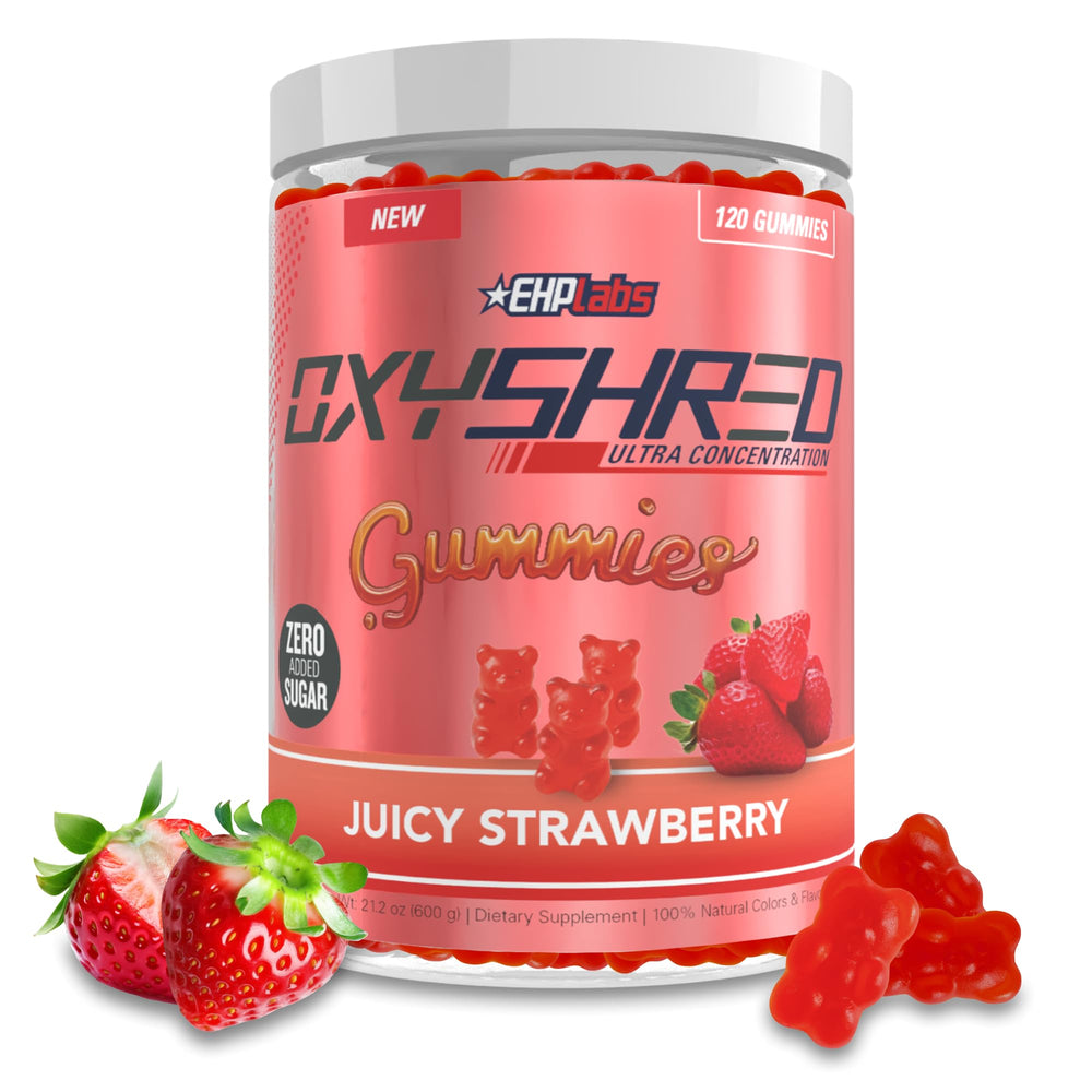 EHP Labs OxyShred Gummies bottle front for convenient energy on workouts.