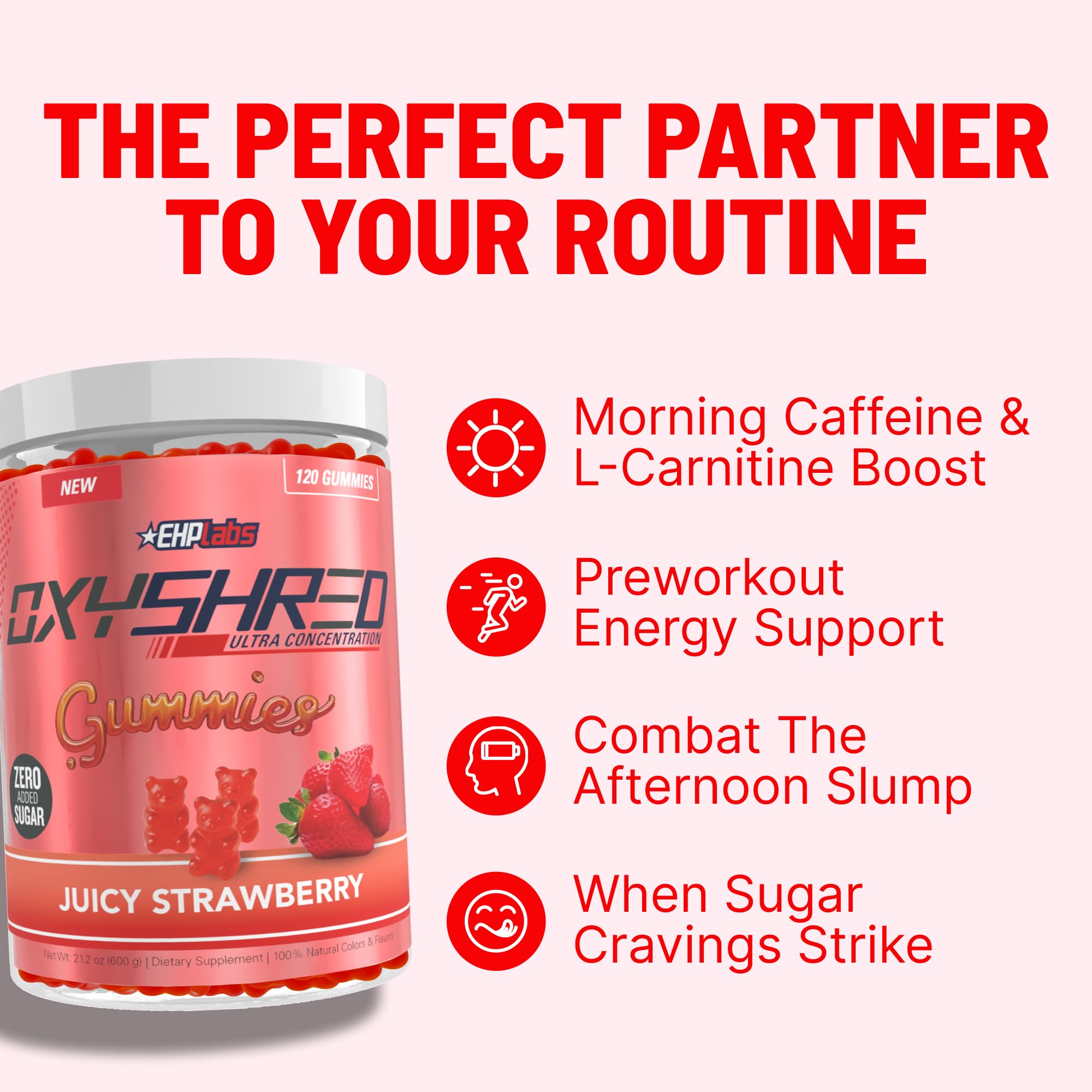 EHP Labs OxyShred Gummies caffeine 100mg per serving for on-the-go alertness.