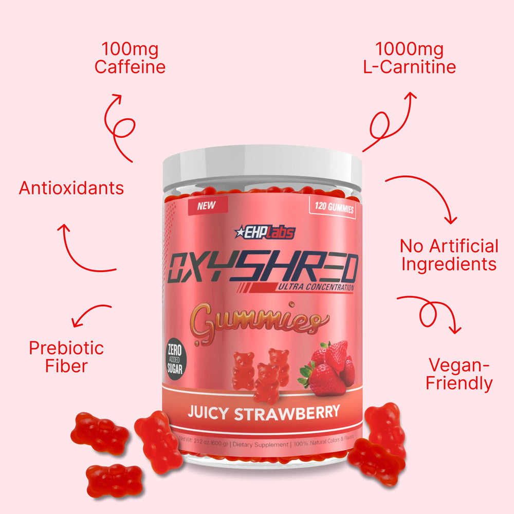 EHP Labs OxyShred Gummies strawberry flavor close-up highlights tasty energy bite.