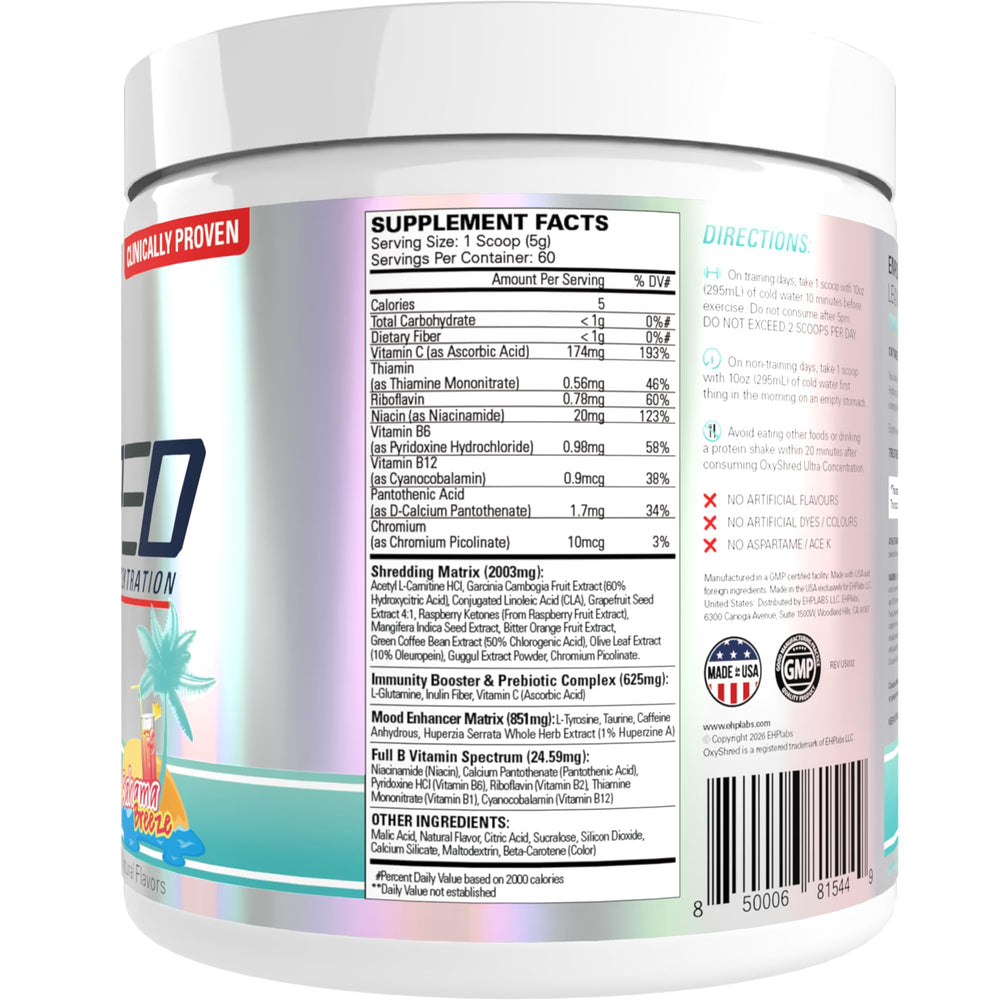 EHP Labs OxyShred label highlights lab-tested quality and safety.