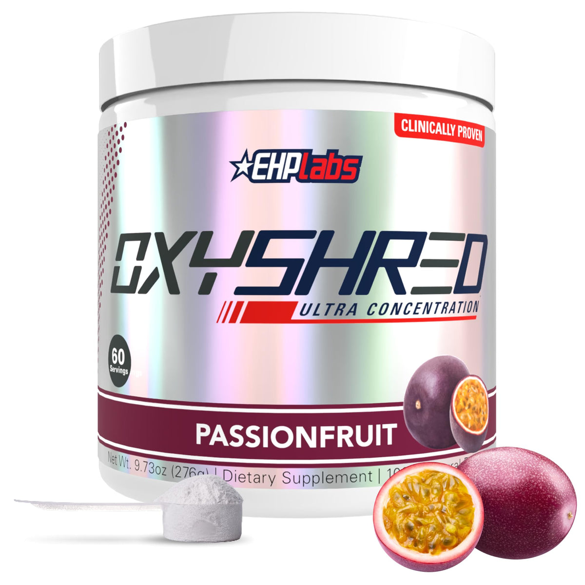 EHP Labs OxyShred passionfruit tub front, energizing energy boost.