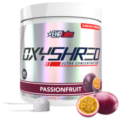 EHP Labs OxyShred passionfruit tub front, energizing energy boost.