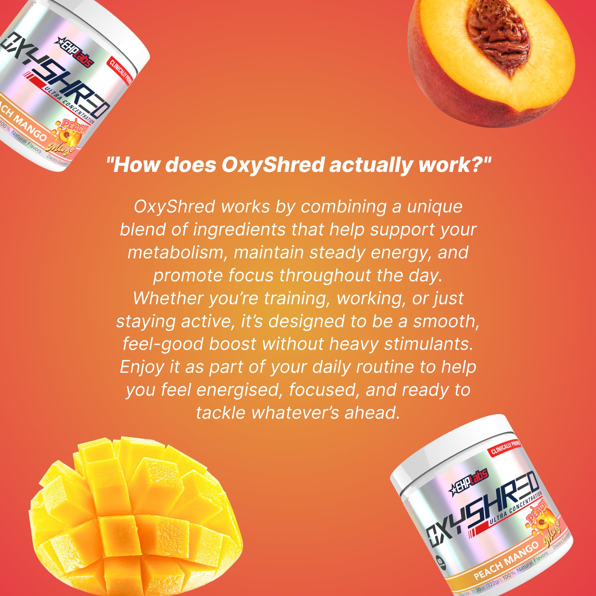 EHP Labs OxyShred Peach Mango ingredient panel closeup highlighting components for energy