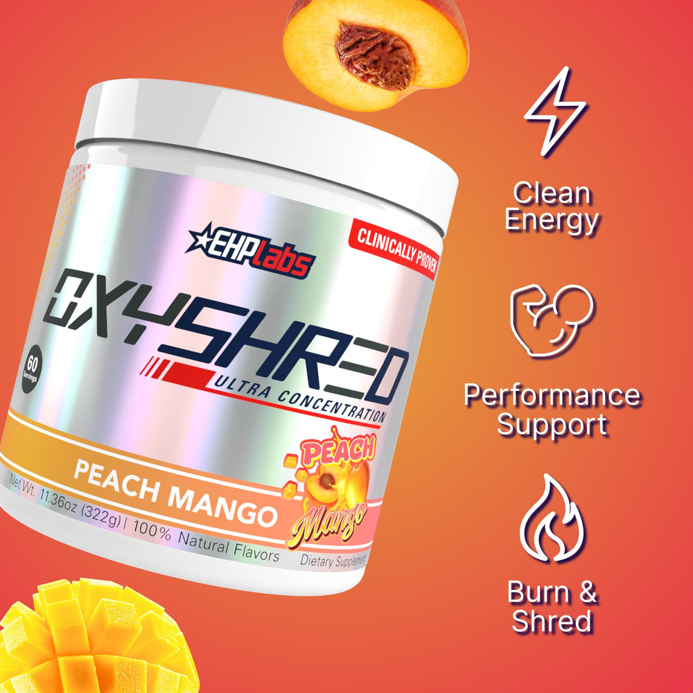 EHP Labs OxyShred Peach Mango shaker prepared for a mixed pre-workout drink