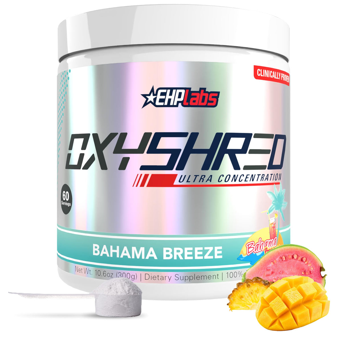 EHP Labs OxyShred powder tub front for pre-workout energy boost.