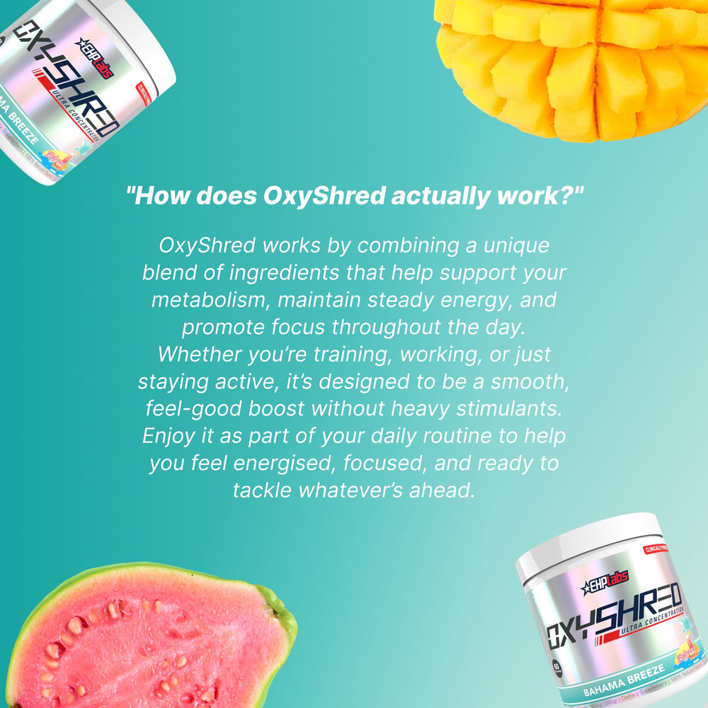 EHP Labs OxyShred tub on wood counter suggests daily energy.