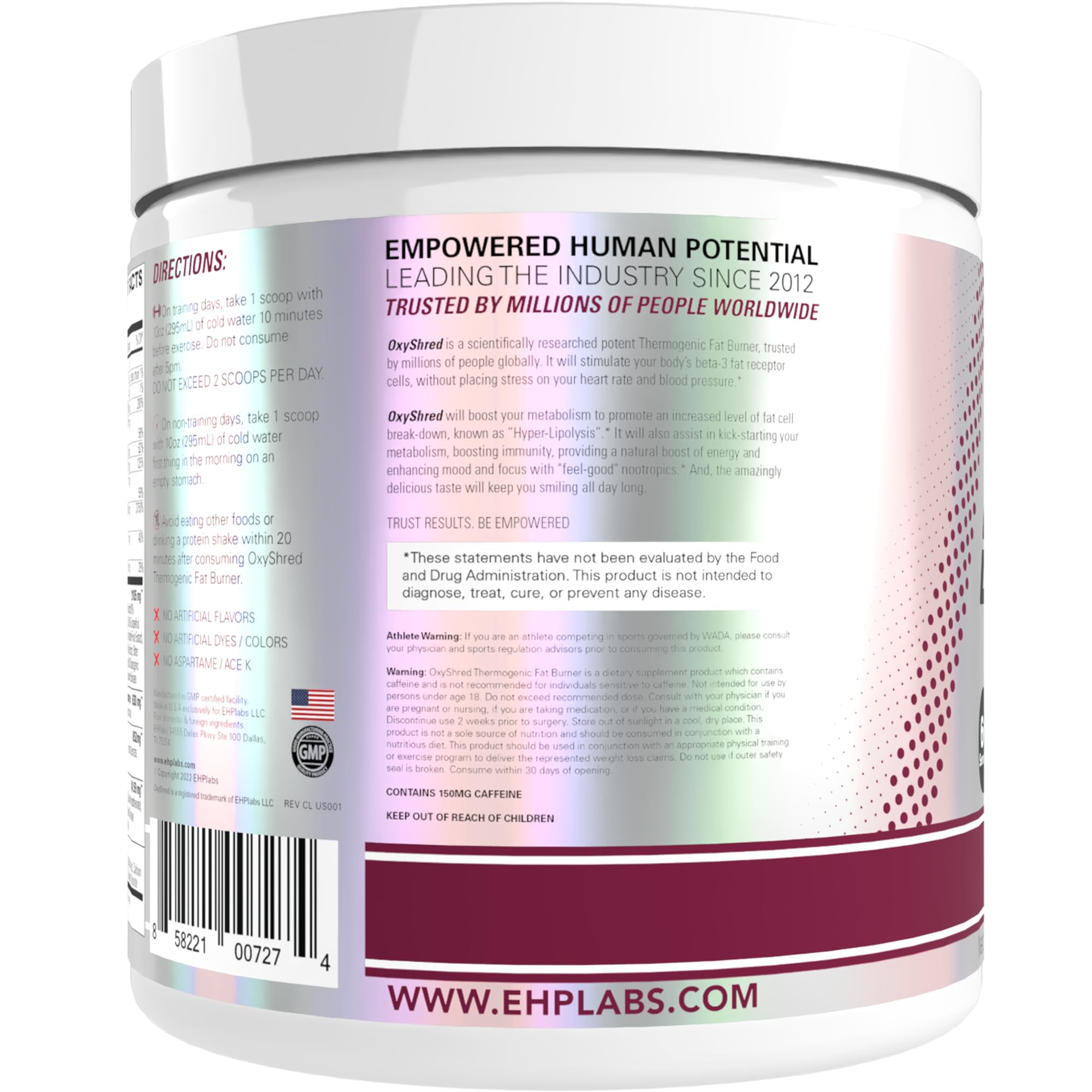 EHP Labs OxyShred USA-made facility stamp on packaging.