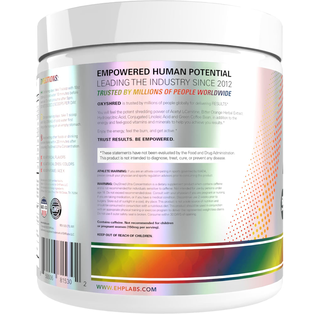 EHP Labs OxyShred acetyl-L-carnitine panel signals metabolic support for workouts.