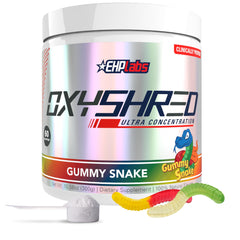EHP Labs OxyShred gummy snake tub for convenient pre-workout energy in 60 servings.