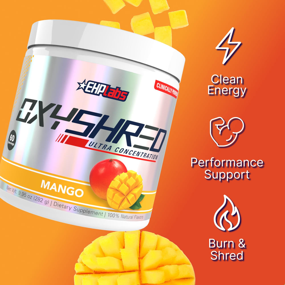 EHP Labs OxyShred mango powder in a glass as it dissolves with a vibrant color.