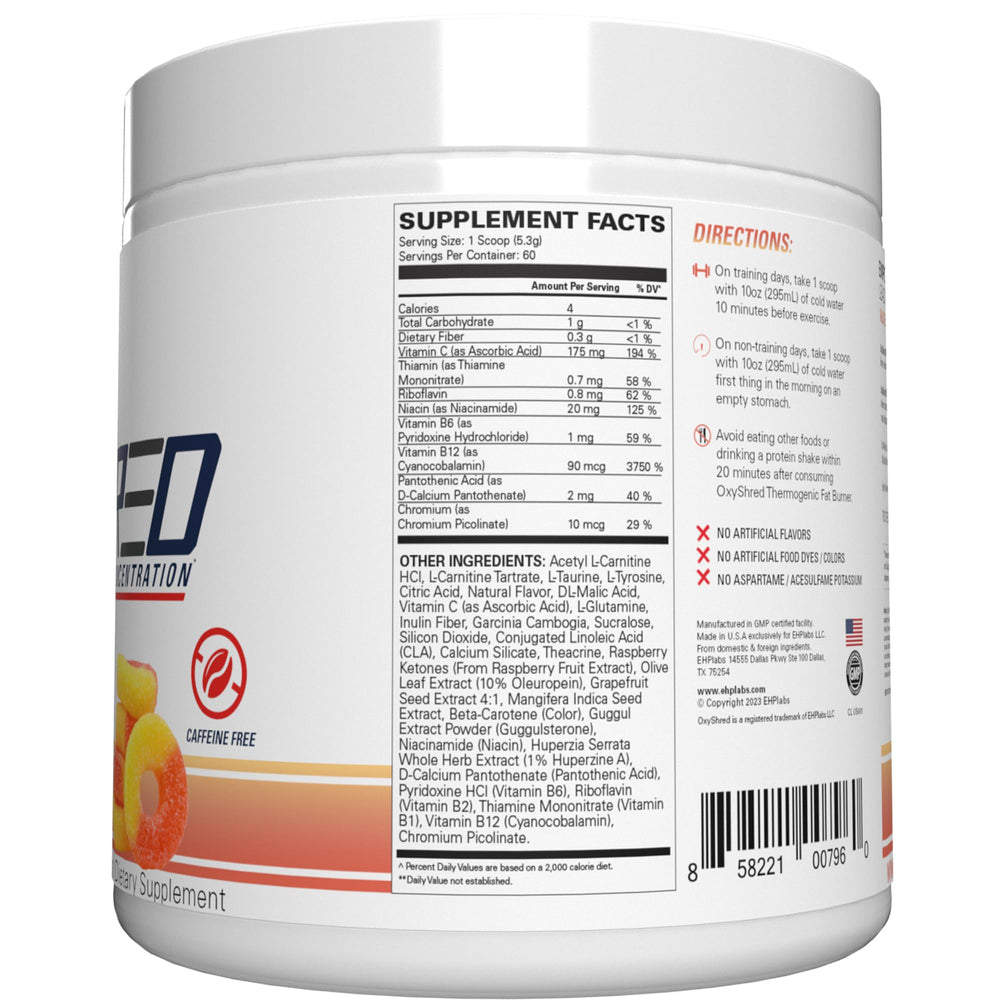EHP Labs OxyShred Peach packaging and seal signal quality.
