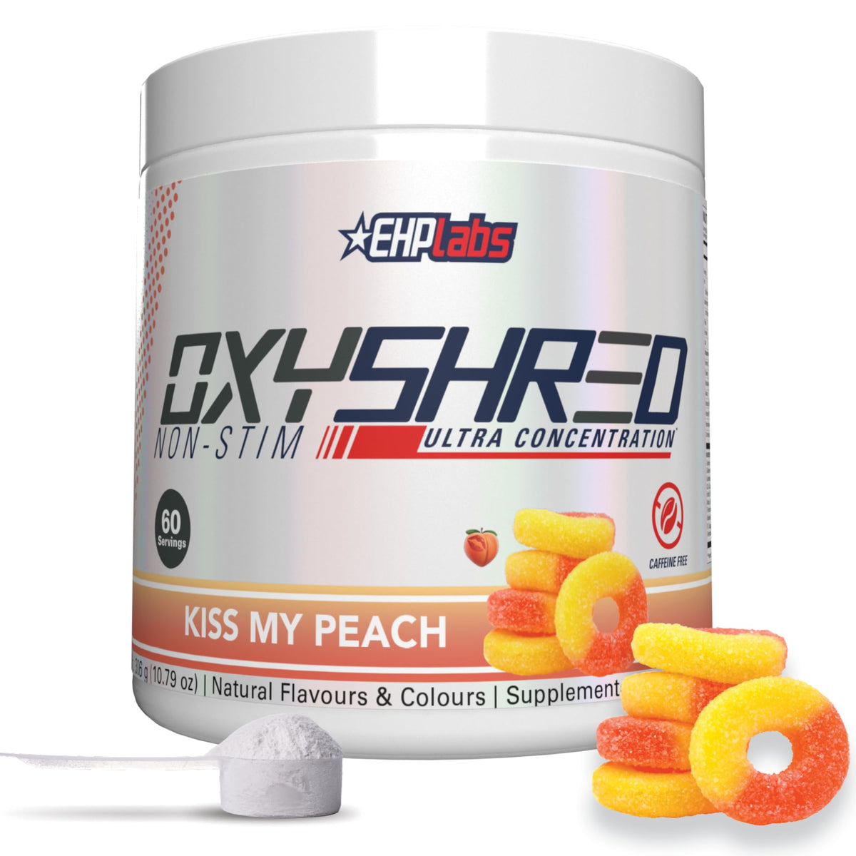EHP Labs OxyShred Peach tub with powder, caffeine-free energy for focused workouts.