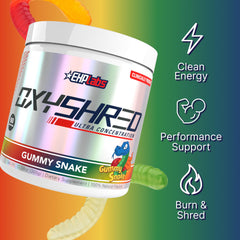 EHP Labs OxyShred powder-dispense action communicates quick mixing before training.