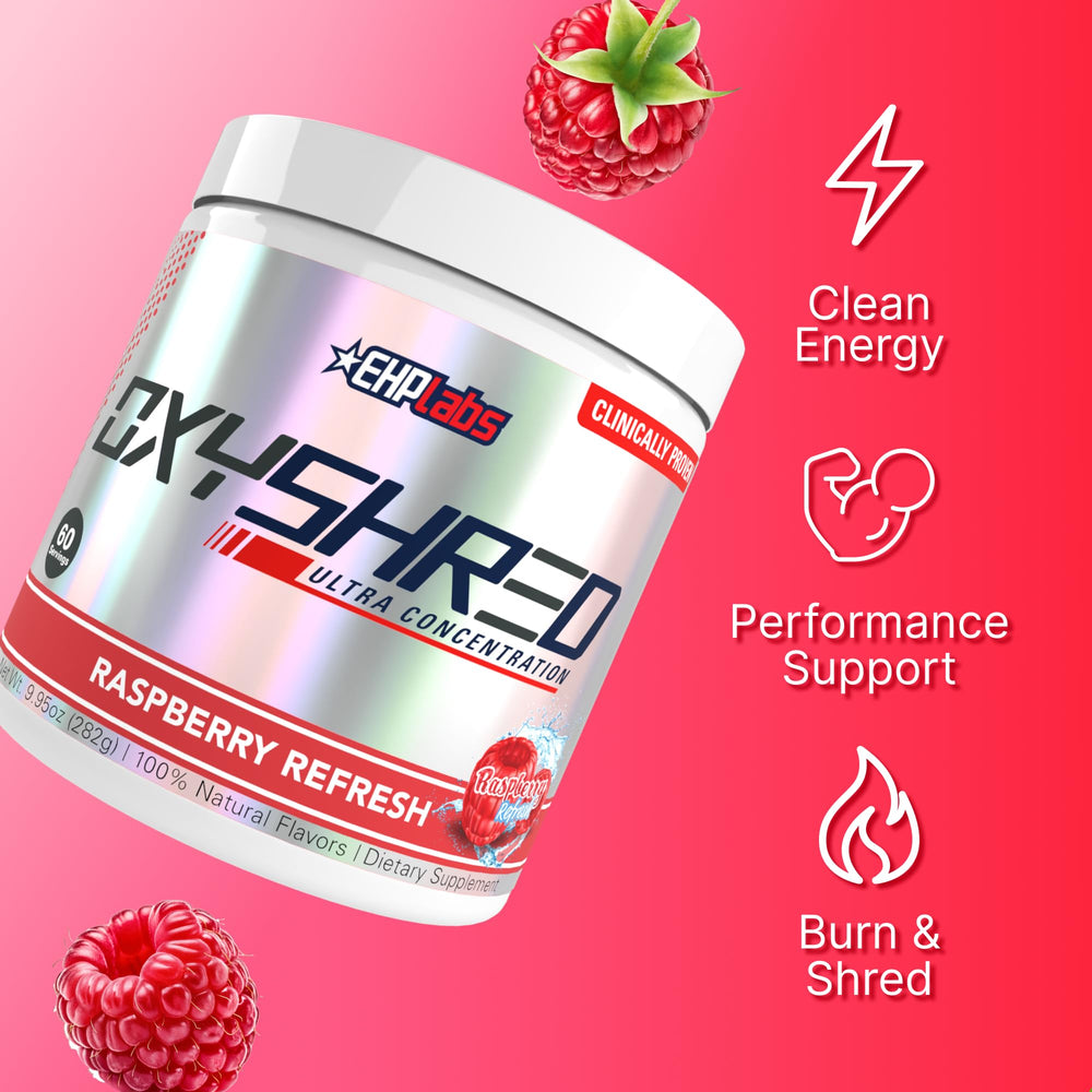 Glass with mixed Raspberry flavor OxyShred shows vibrant color for pre-workout ritual.