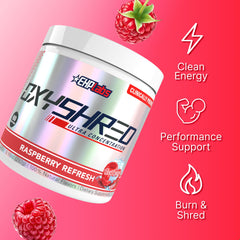 Glass with mixed Raspberry flavor OxyShred shows vibrant color for pre-workout ritual.