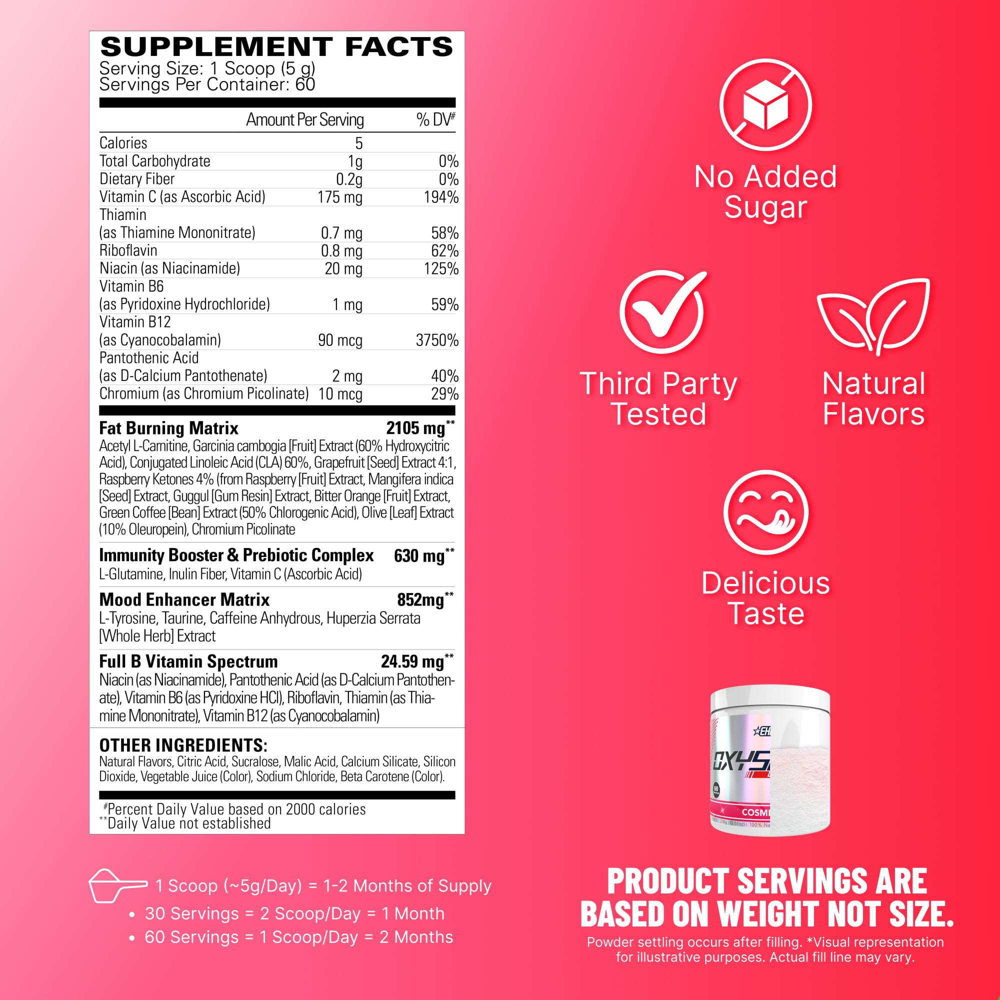 Scoop dispensing powder to mix for a pre-workout energy boost.