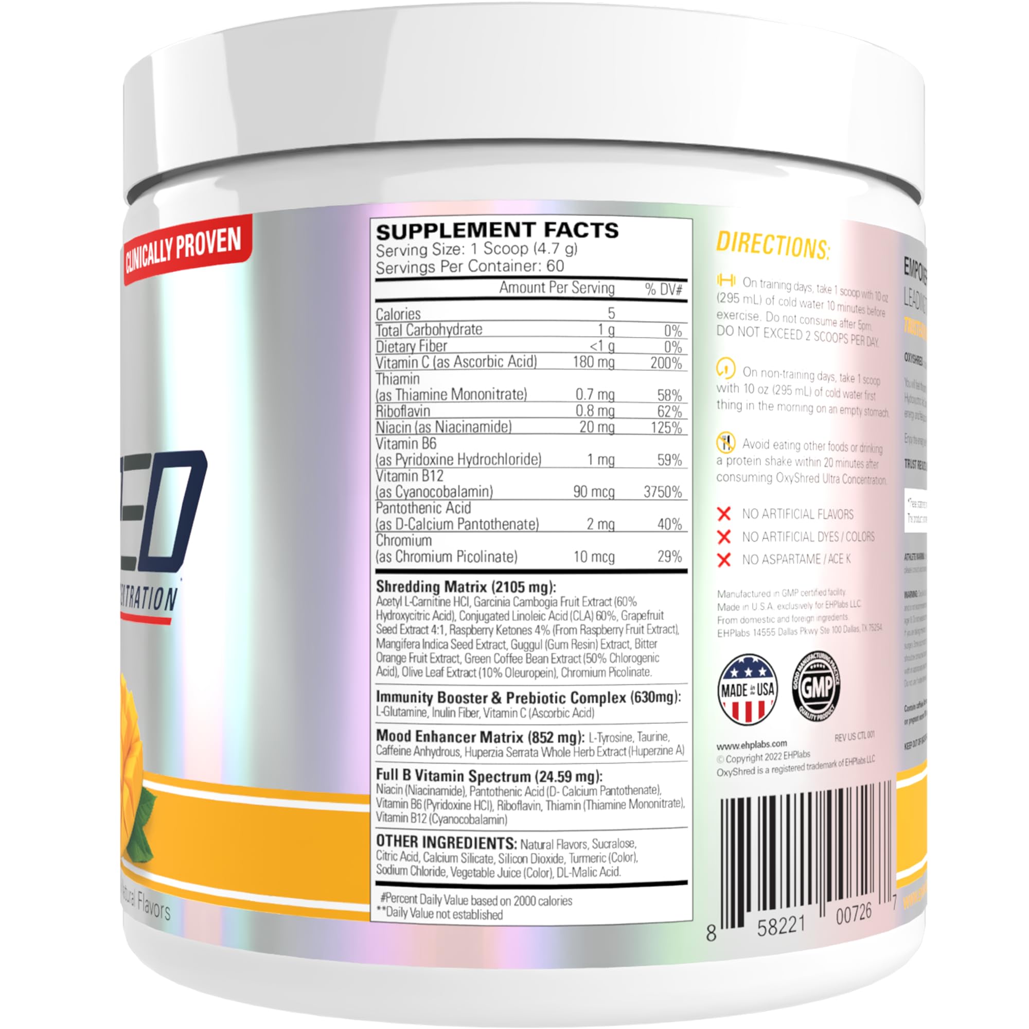 EHP Labs OxyShred mango powder swirling in water with ice.