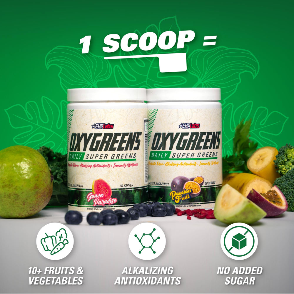 EHP Labs OxyGreens ingredients glass featuring kelp, chlorella and spirulina