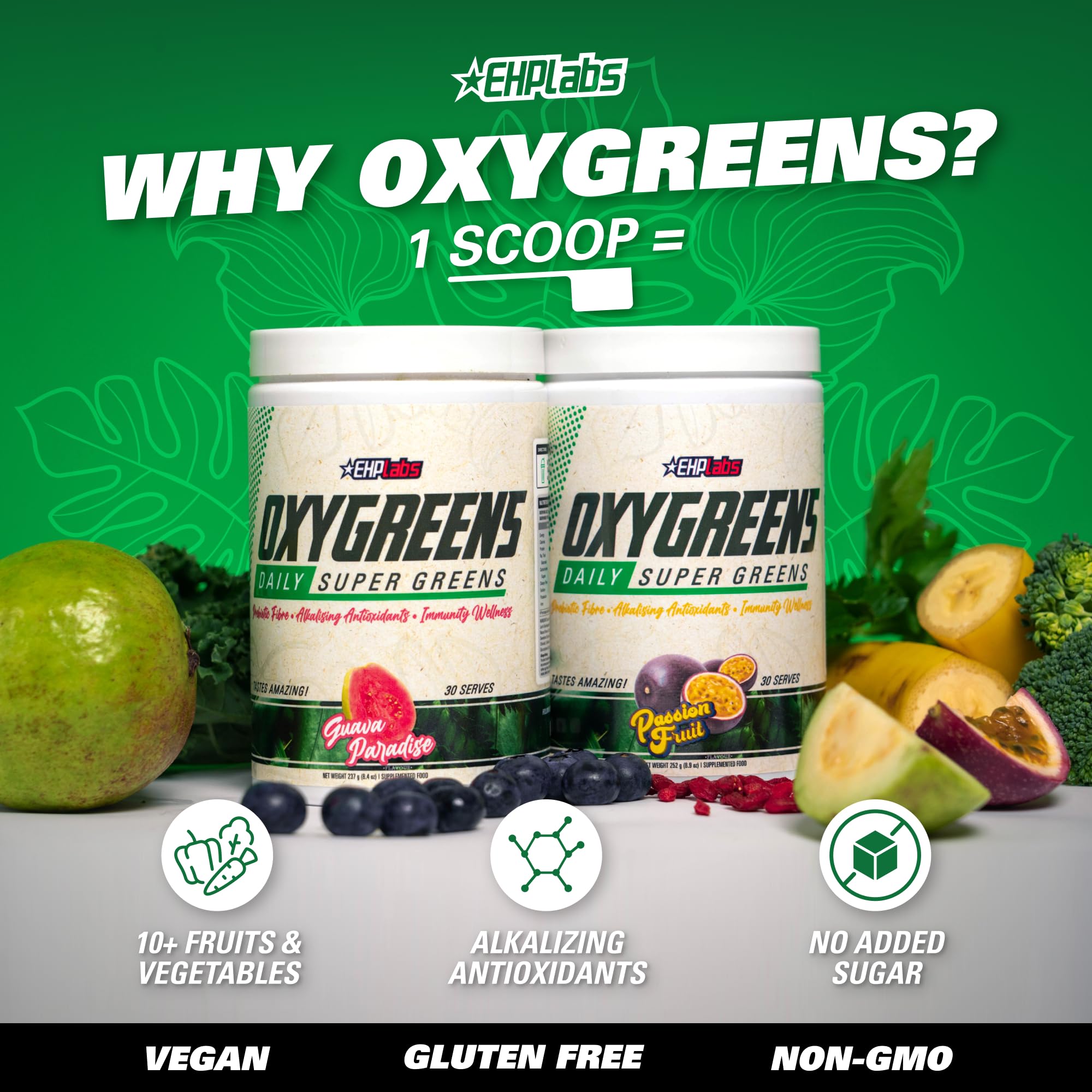 EHP Labs OxyGreens powder in spoon suggesting quick greens boost