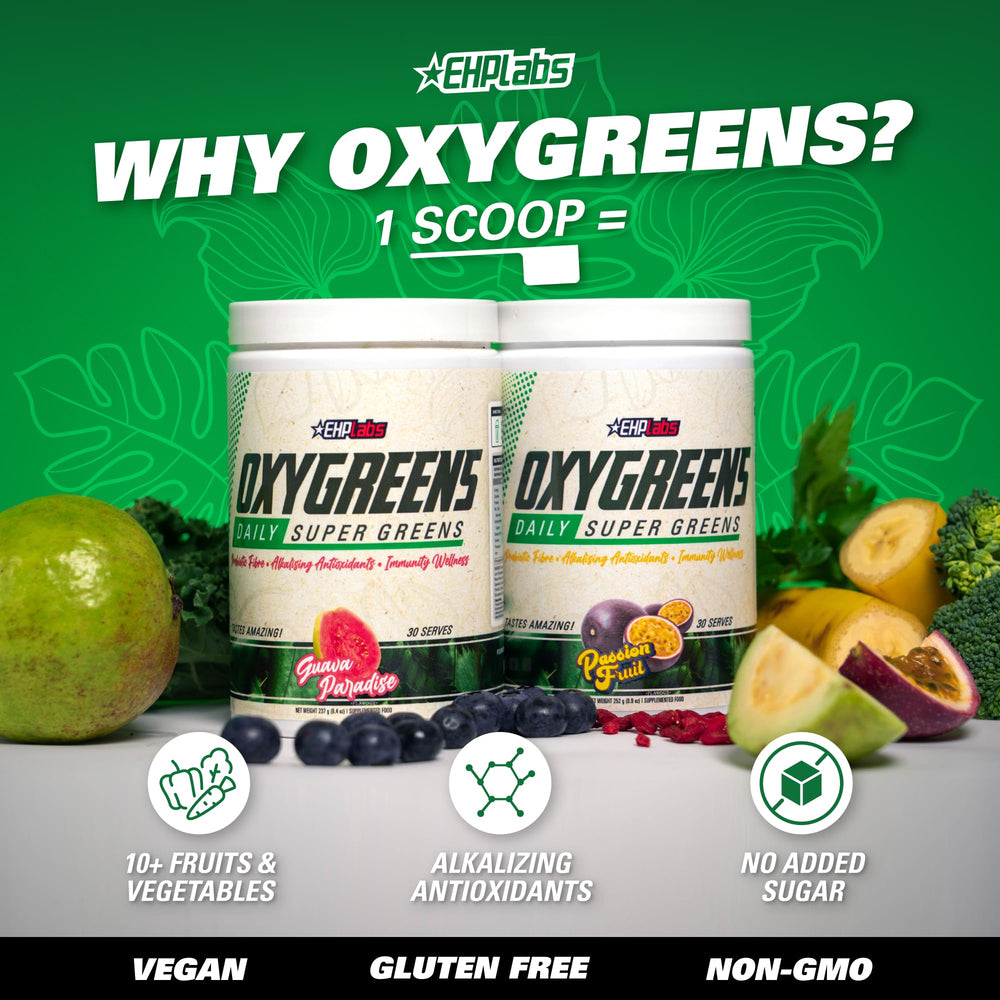 EHP Labs OxyGreens powder in spoon suggesting quick greens boost