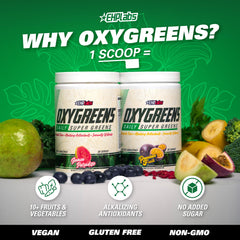 EHP Labs OxyGreens powder in spoon suggesting quick greens boost