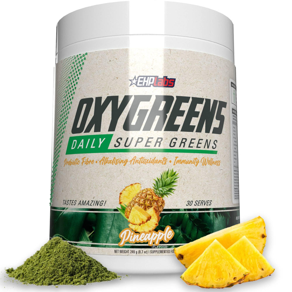 EHP Labs OxyGreens tub front view showing pineapple greens powder and serving idea