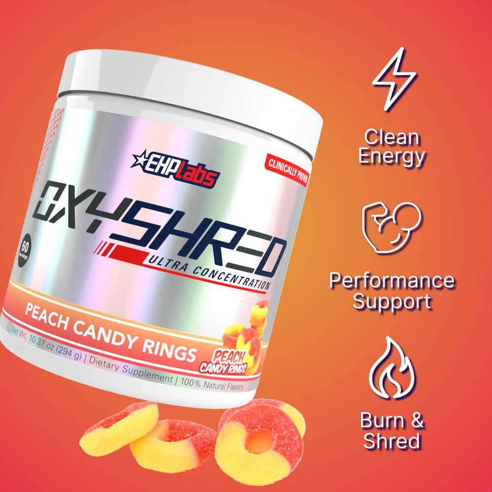 EHP Labs OxyShred peach flavor bottle on gym bench highlighting focus
