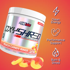 EHP Labs OxyShred peach flavor bottle on gym bench highlighting focus