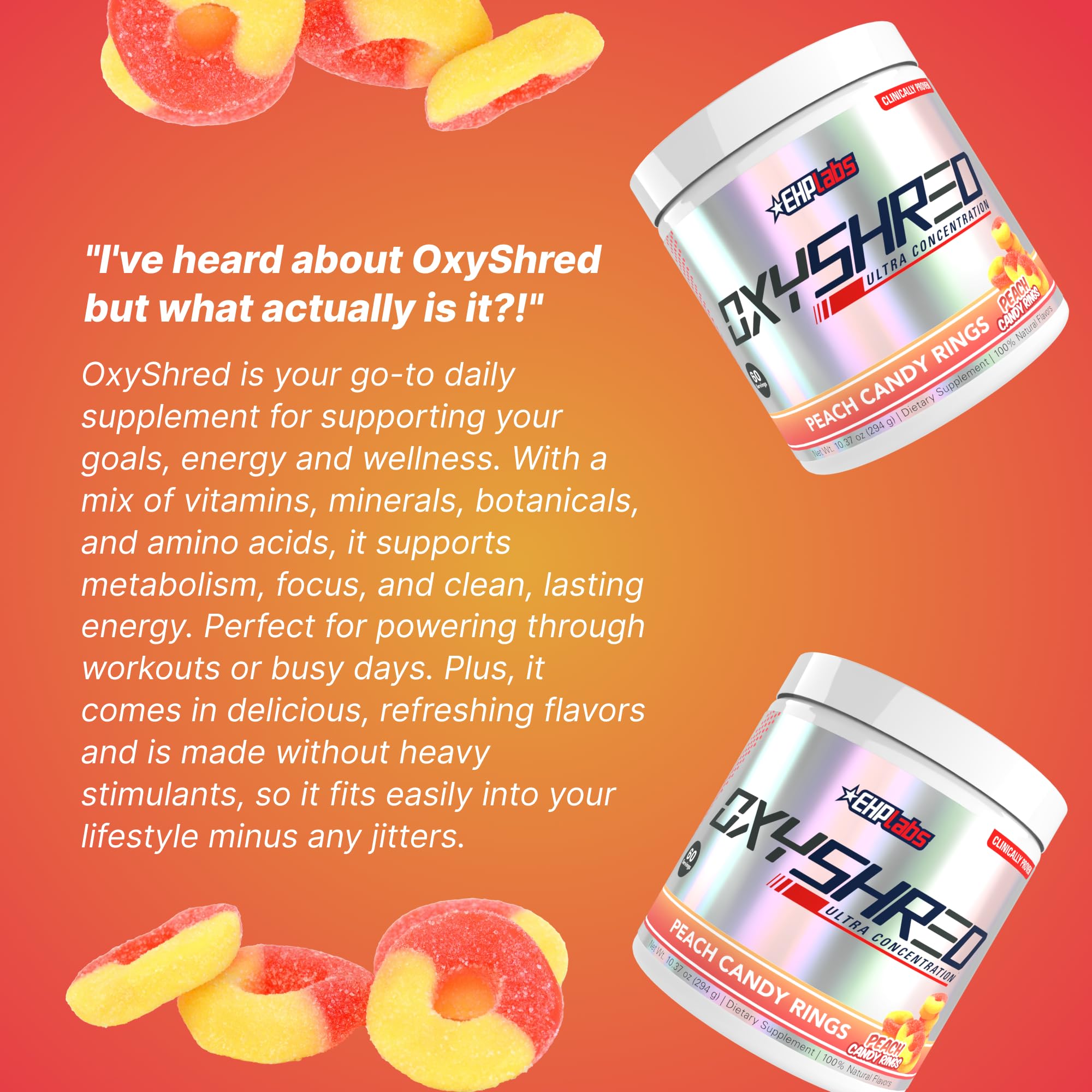 OxyShred Peach Candy Rings glass with ice ready for workout session