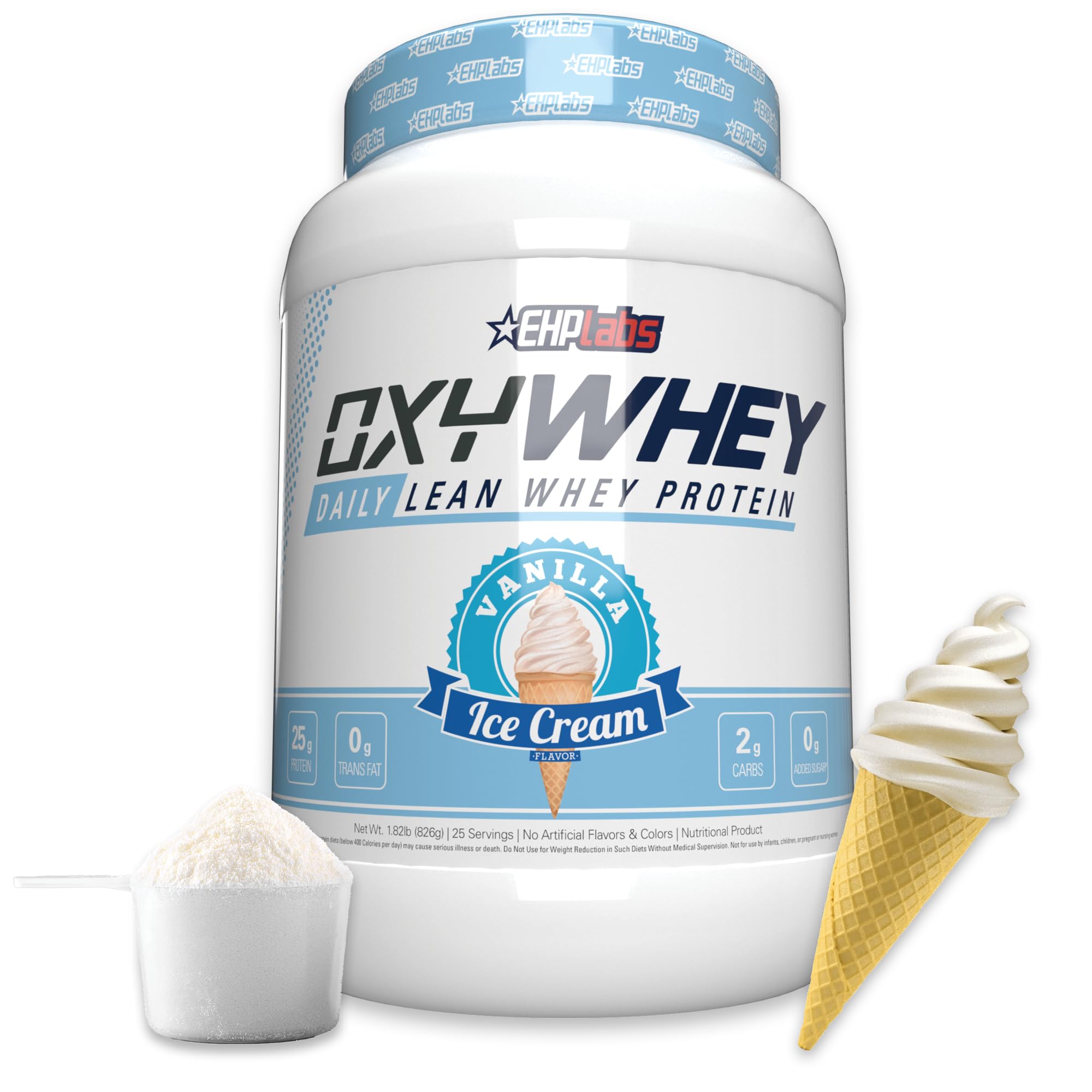 Ehplabs OxyWhey vanilla bottle shows high-protein daily nutrition.