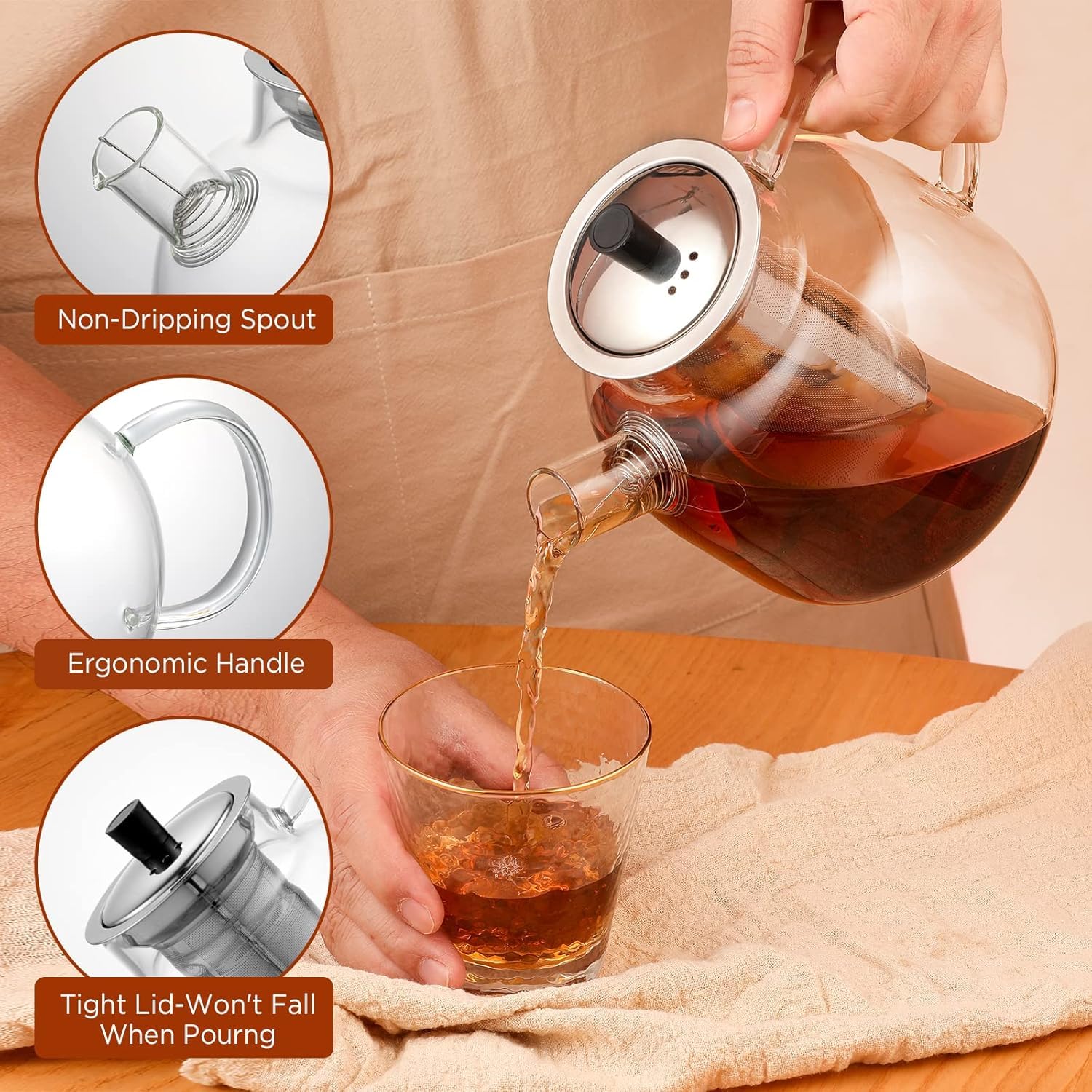Ehugos stovetop-safe glass teapot ready for direct heating on most stoves.