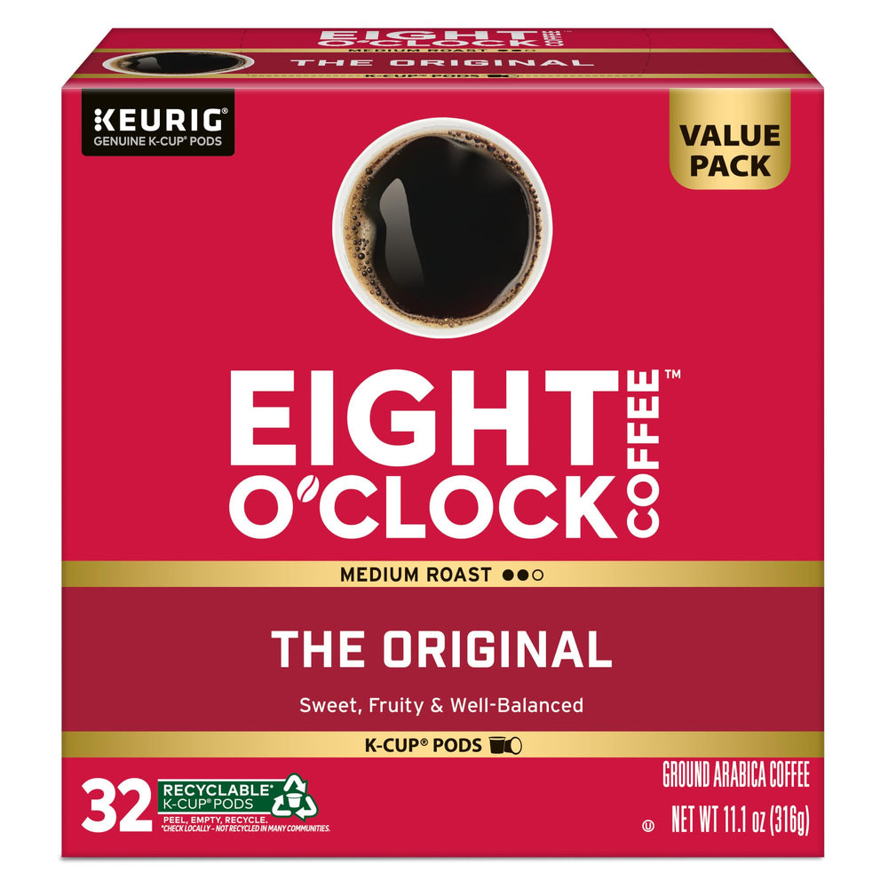 Eight O'clock packaging highlights recyclable materials and eco-conscious design.
