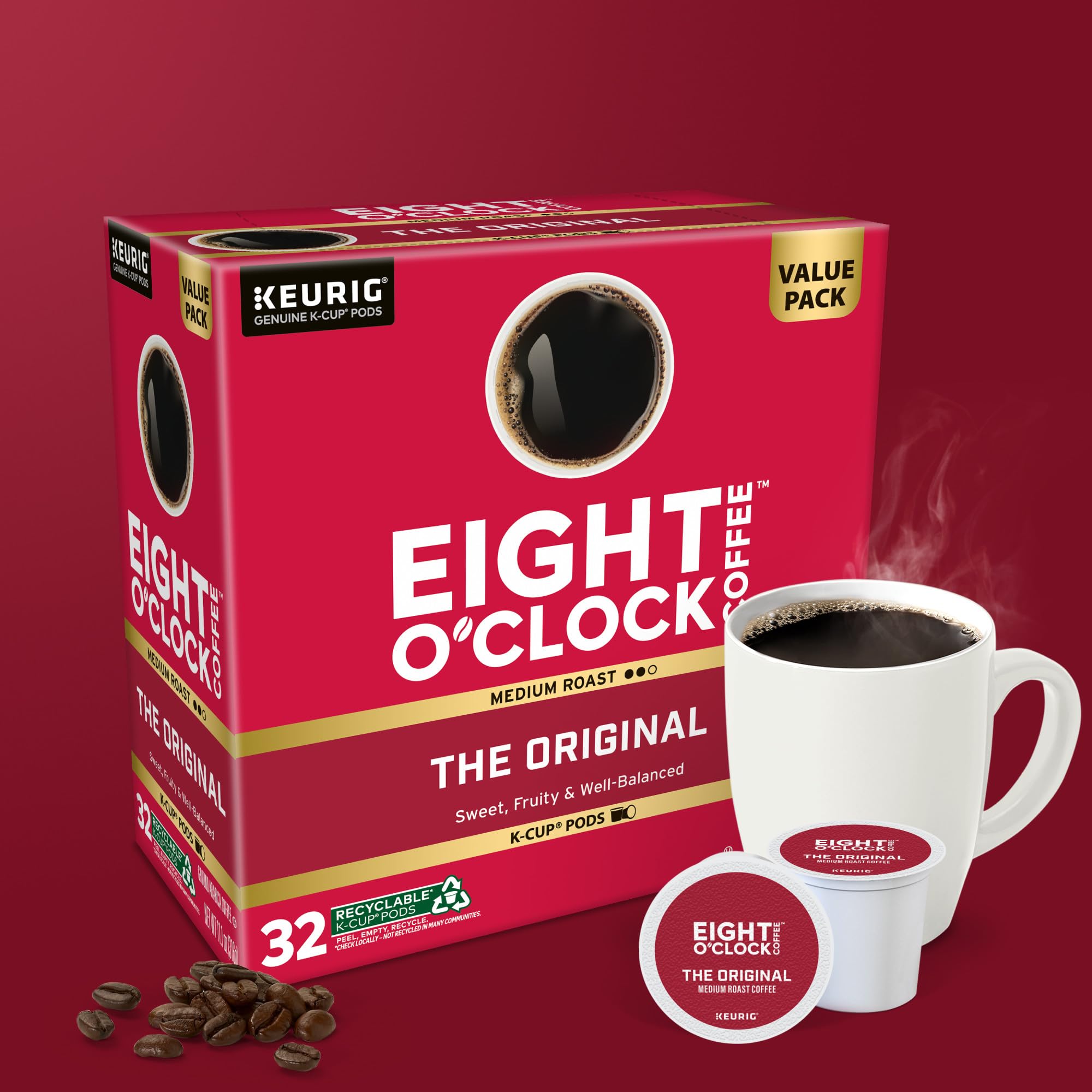 Eight O'clock recyclable K-Cup pods for simple disposal.