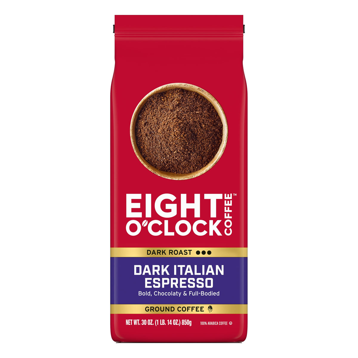 Eight O'Clock Dark Italian Espresso pack front shows premium 100% Arabica beans for bold espresso