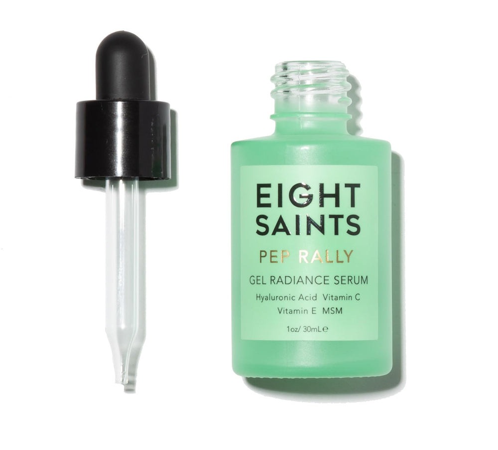 Eight Saints bottle close-up showing pure hyaluronic serum for skin hydration