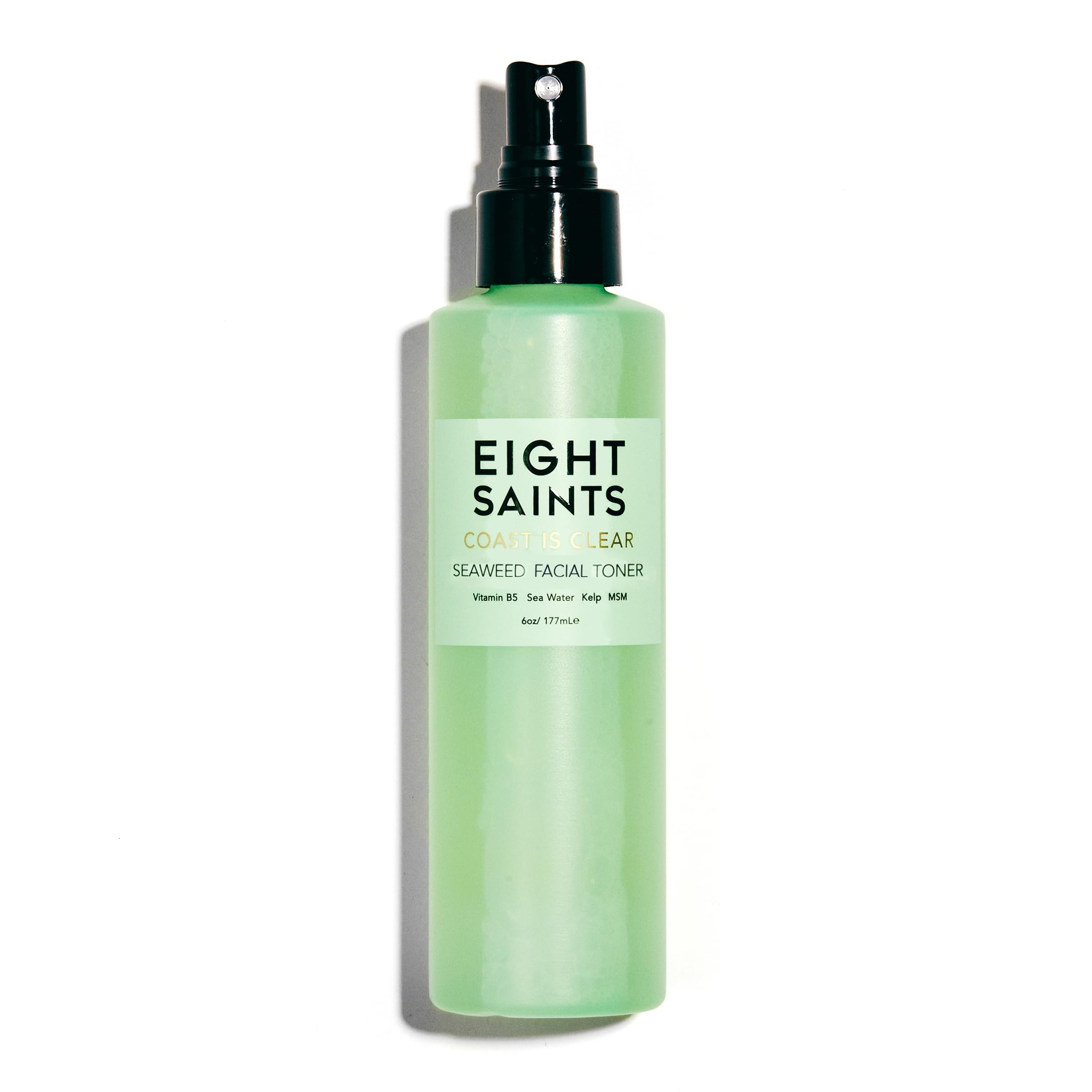 Eight Saints Coast is Clear bottle on bathroom counter for pore care.