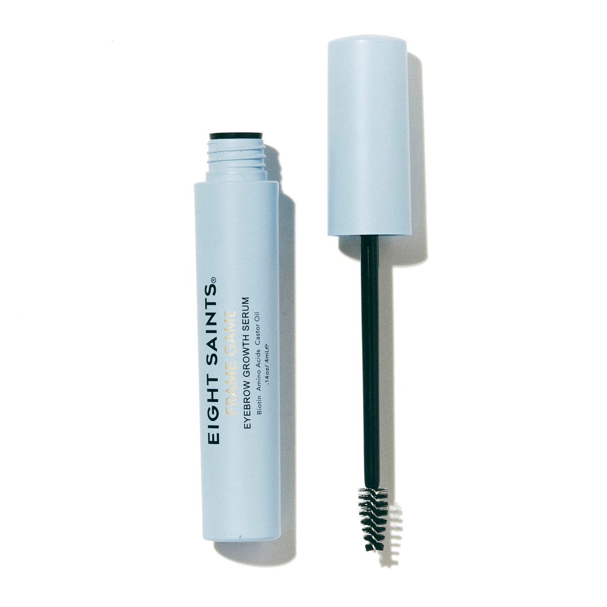 Eight Saints Frame Game brow serum bottle front view highlights lightweight non-sticky formula for daily use