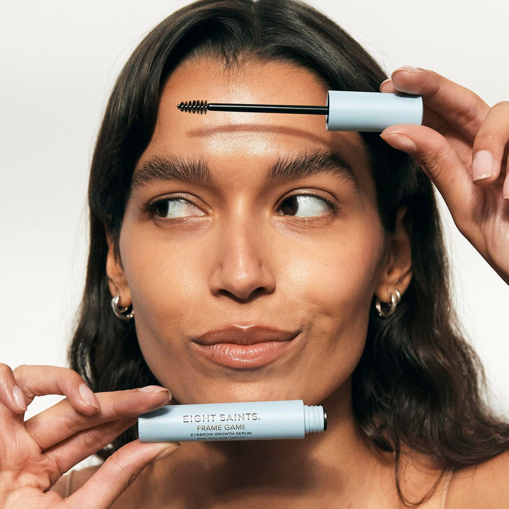 Eight Saints Frame Game brow serum brush application demonstrates easy daily routine for fuller brows