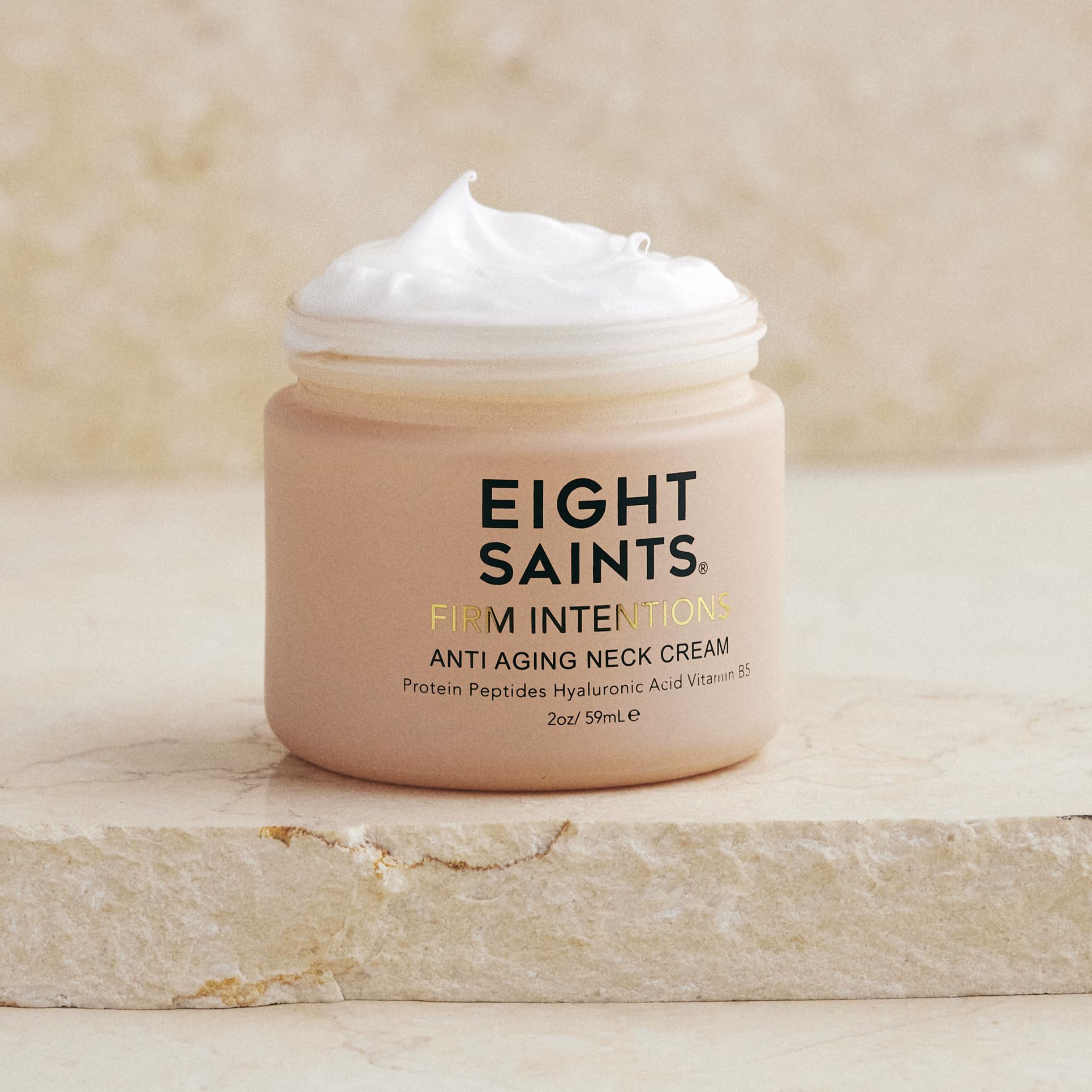 Eight Saints Neck Cream Jar Closeup demonstrating nourishing cream for elasticity and hydration.