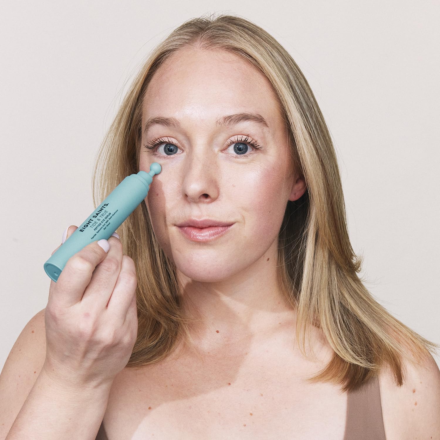 Close-up of Eight Saints Tide & True Eye Serum gel texture absorbing quickly with no stickiness.