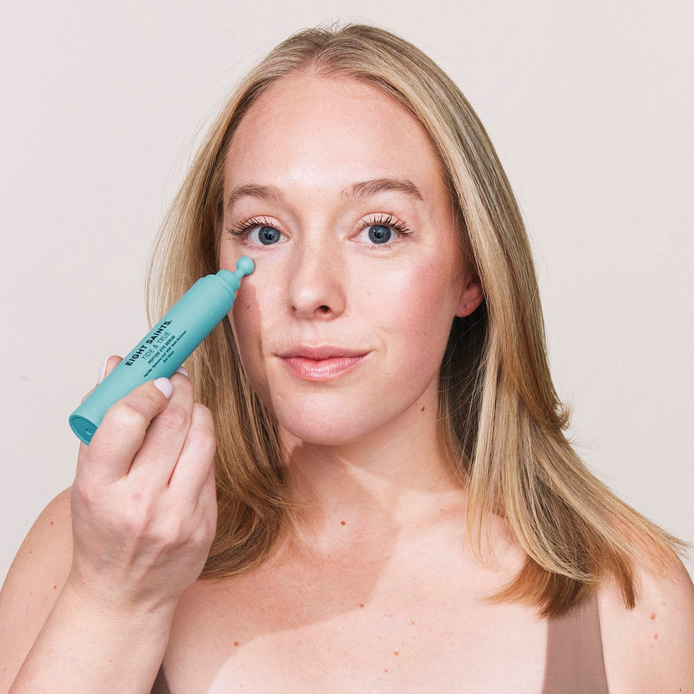 Close-up of Eight Saints Tide & True Eye Serum gel texture absorbing quickly with no stickiness.