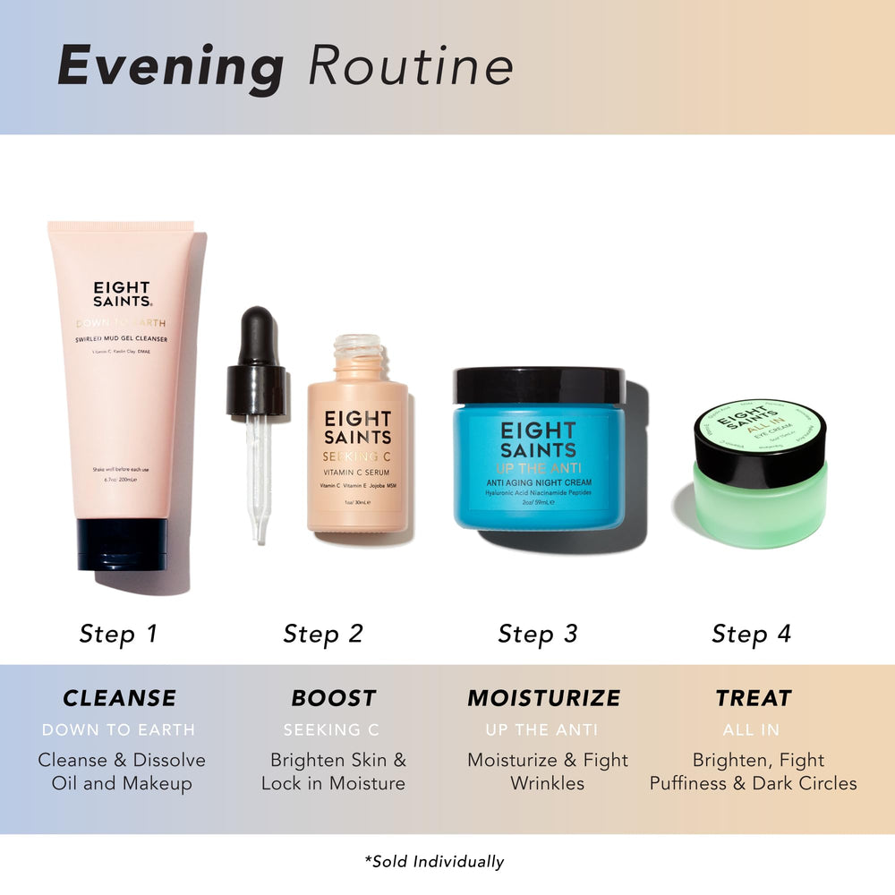 Eight Saints Vitamin C Serum ingredients graphic features Aloe, Jojoba, and Hyaluronic Acid.