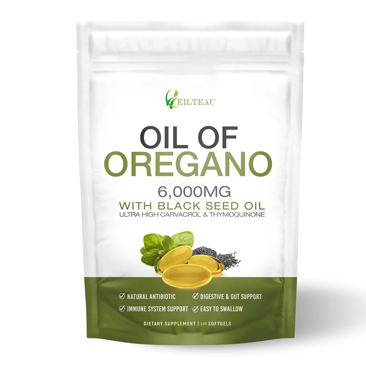 EILTEAU Oil of Oregano with Black Seed Oil bottle showing the 2-in-1 formula for daily use.