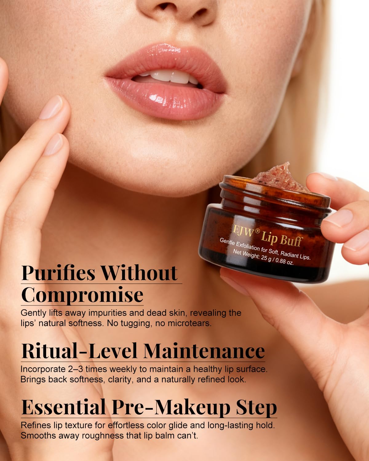 EJW Lip Scrub six botanical oils blend bottle emphasizing hydration and nourishment.